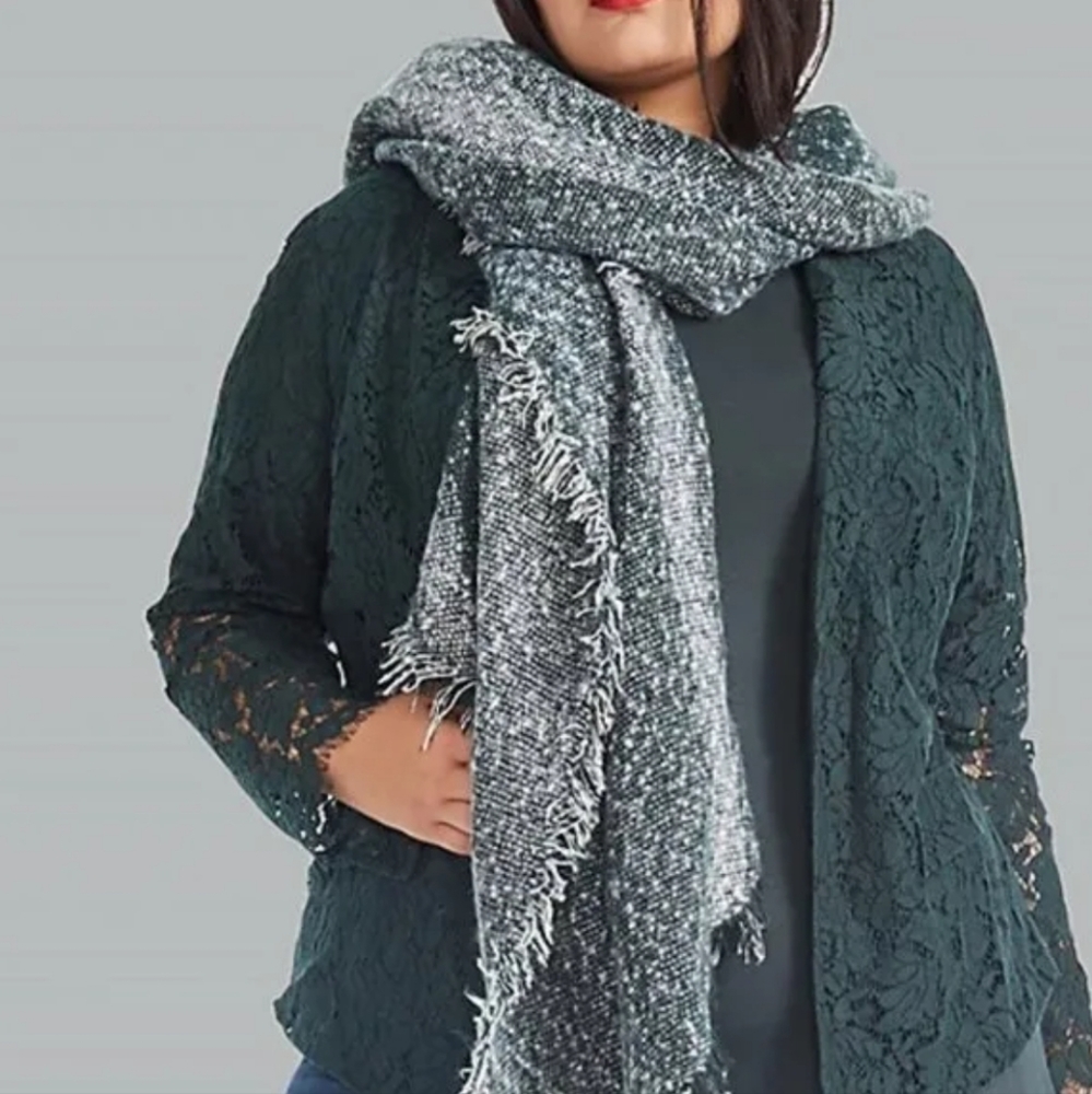 Torrid Scarf Wrap Green White Marled Fringe Long